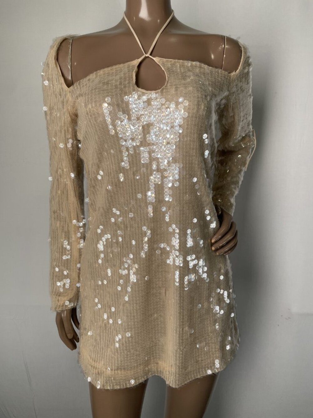Kim Shui Womens Mini Dress Beige Size M Sequined Long Sleeve Square Neck
